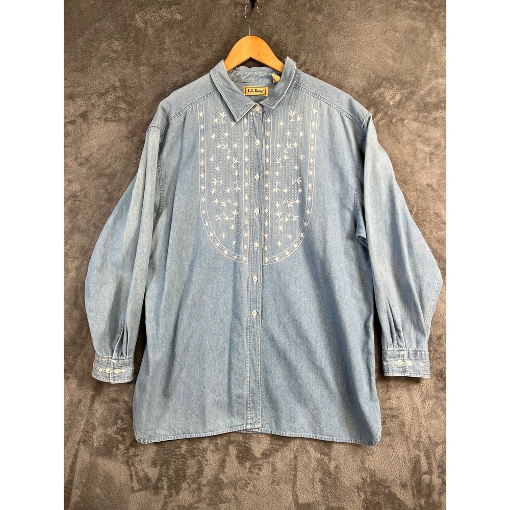 LL Bean Denim Embroidered Shirt Womens XL Cotton Light Wash Chambray Vintage